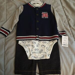 NWT boys jeans jacket and onesie. 12 months